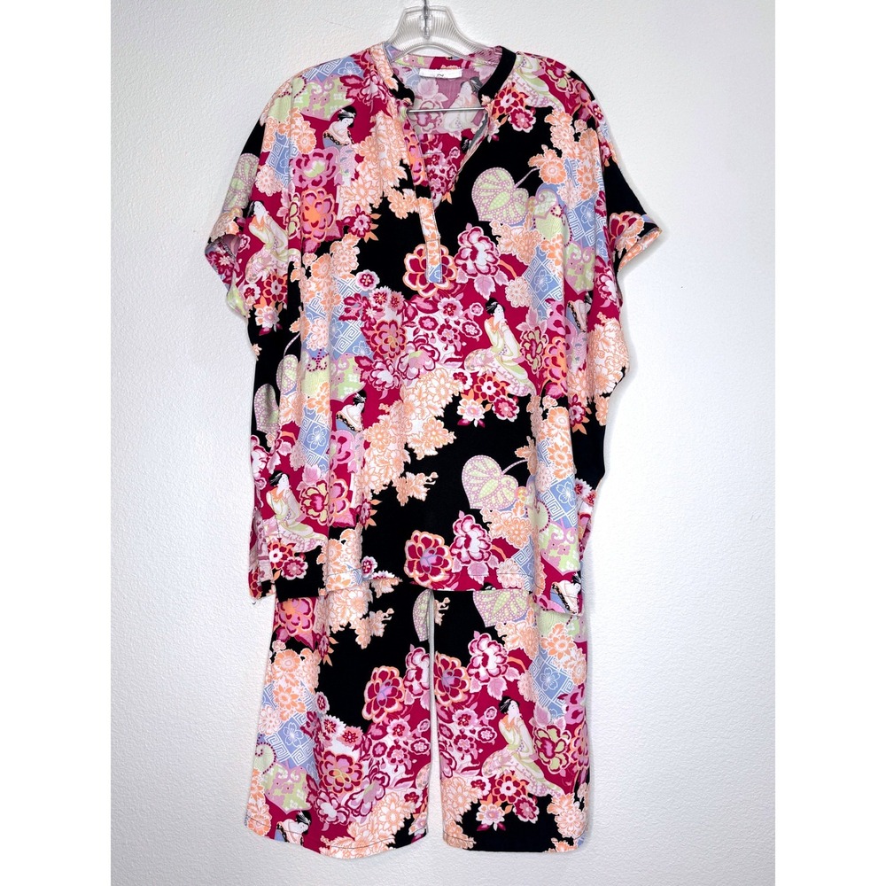NATORI Pajama PJ Set Loungewear Medium Crop Pants SS Top Asian Print Colorful